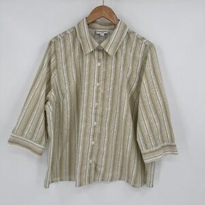 Breckenridge Green/Pink Striped Floral Button Up 3/4 Sleeve Blouse Women's 2X